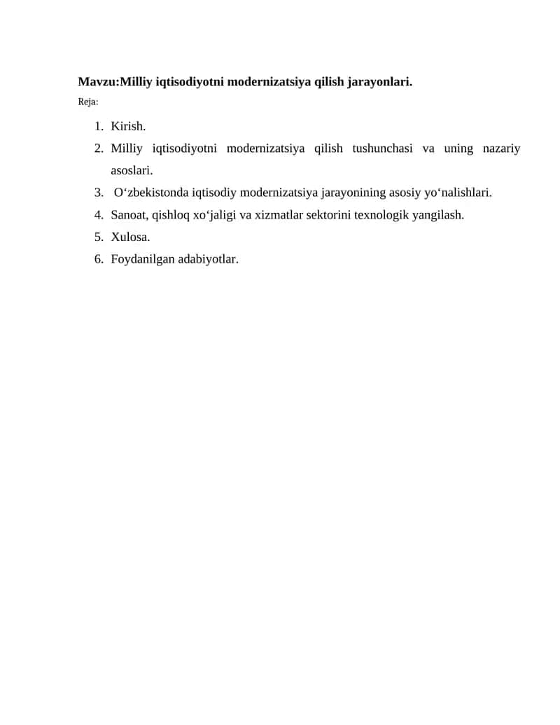 Milliy iqtisodiyotni modernizatsiya qilish jarayonlari