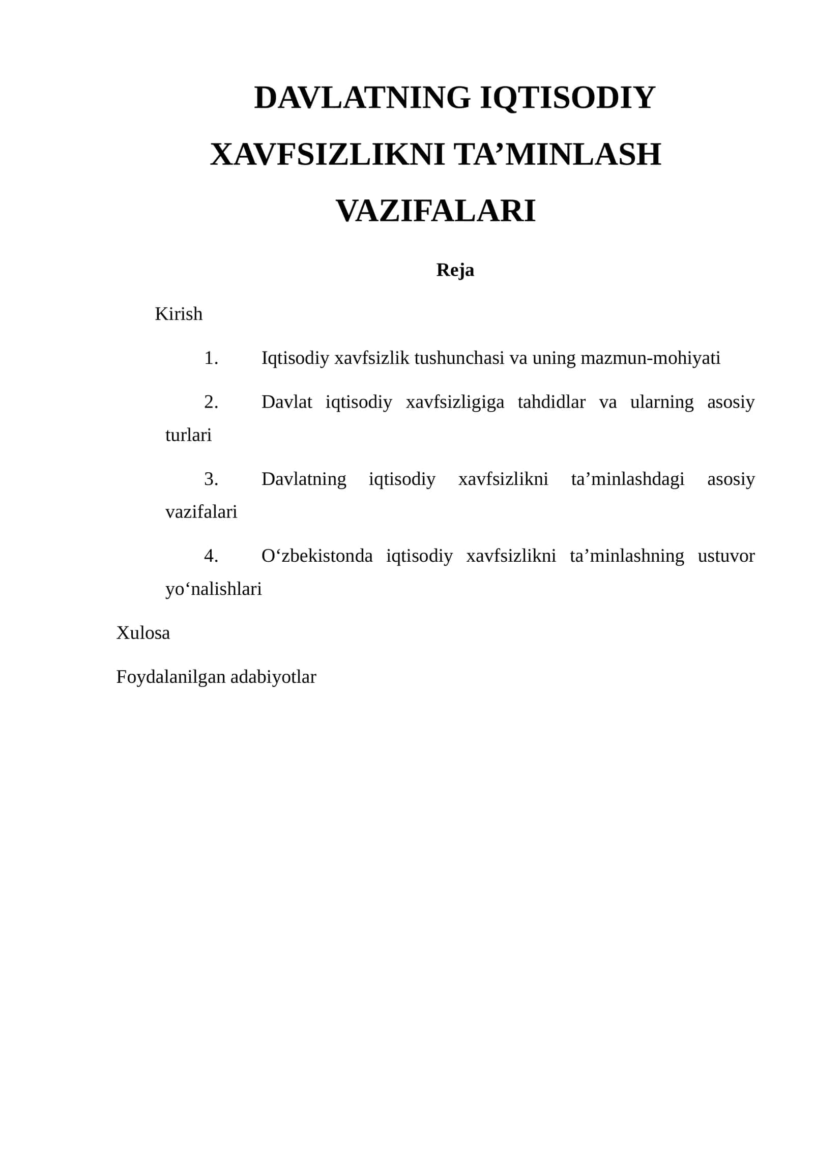Davlatning iqtisodiy xavfsizlikni ta’minlash vazifalari
