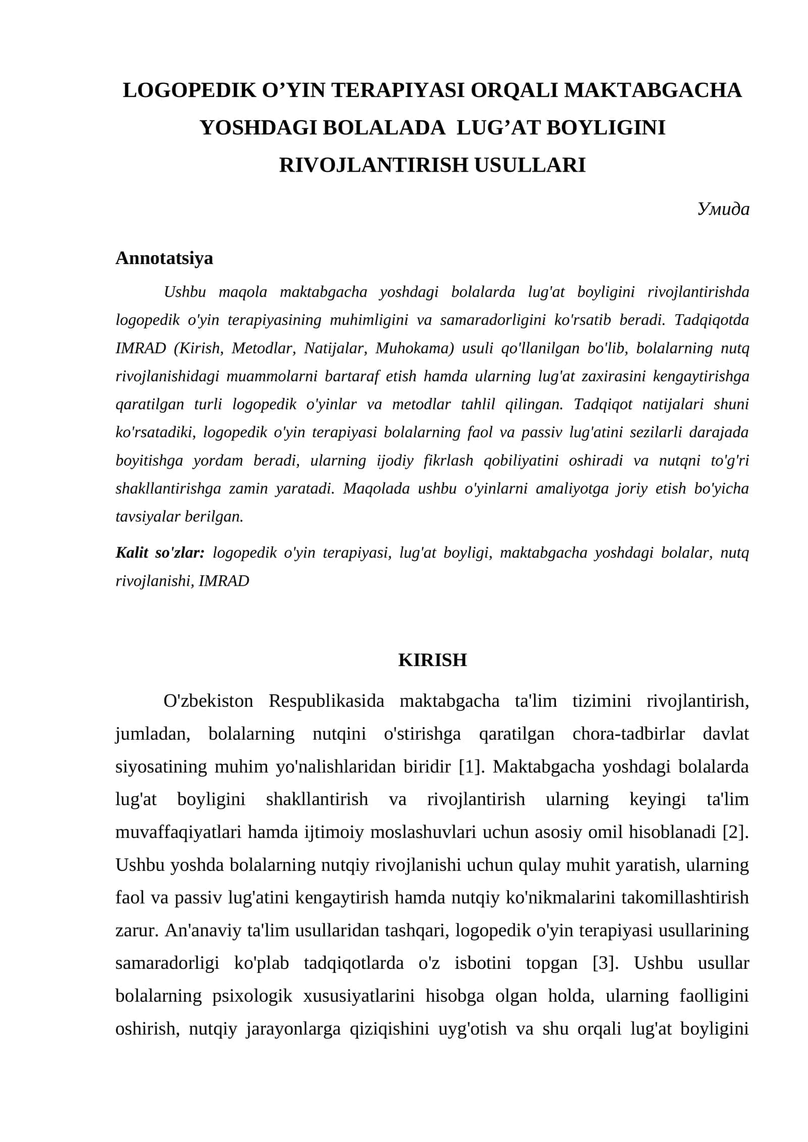 LOGOPEDIK OʼYIN TERAPIYASI ORQALI MAKTABGACHA YOSHDAGI BOLALADA LUGʼAT BOYLIGINI RIVOJLANTIRISH USULLARI