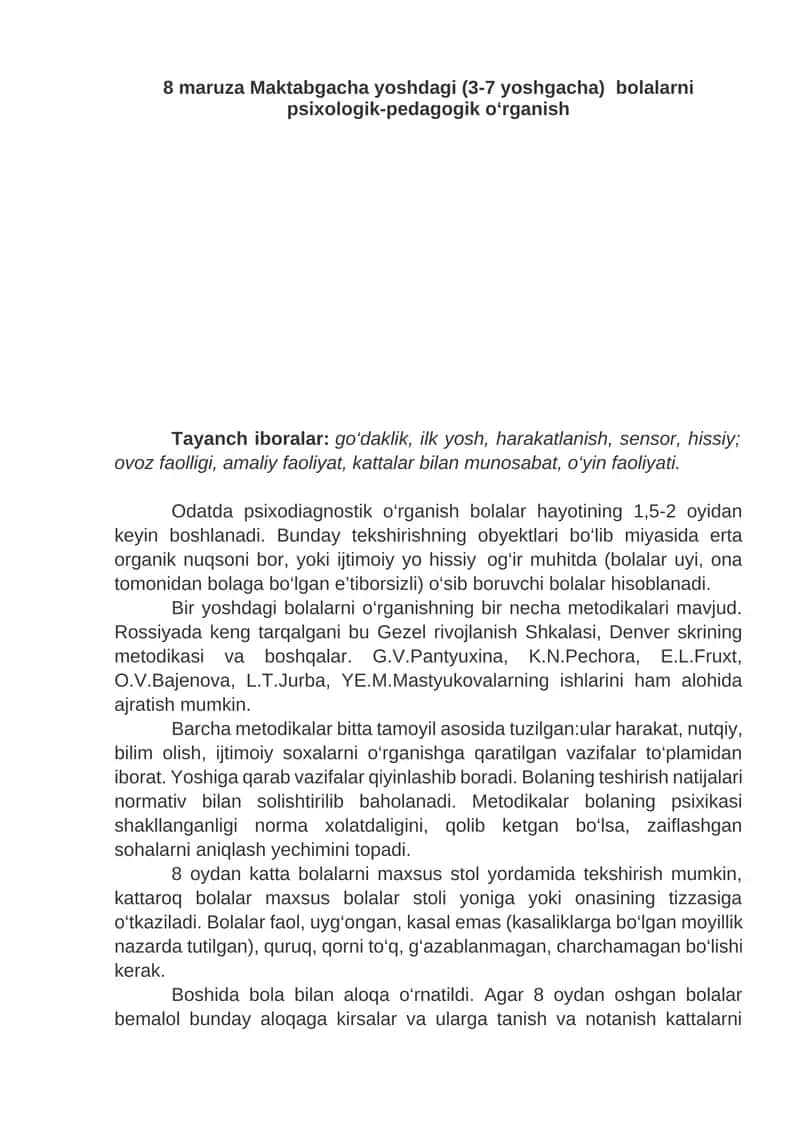 Maktabgacha yoshdagi bolalarni psixologik-pedagogik o‘rganish