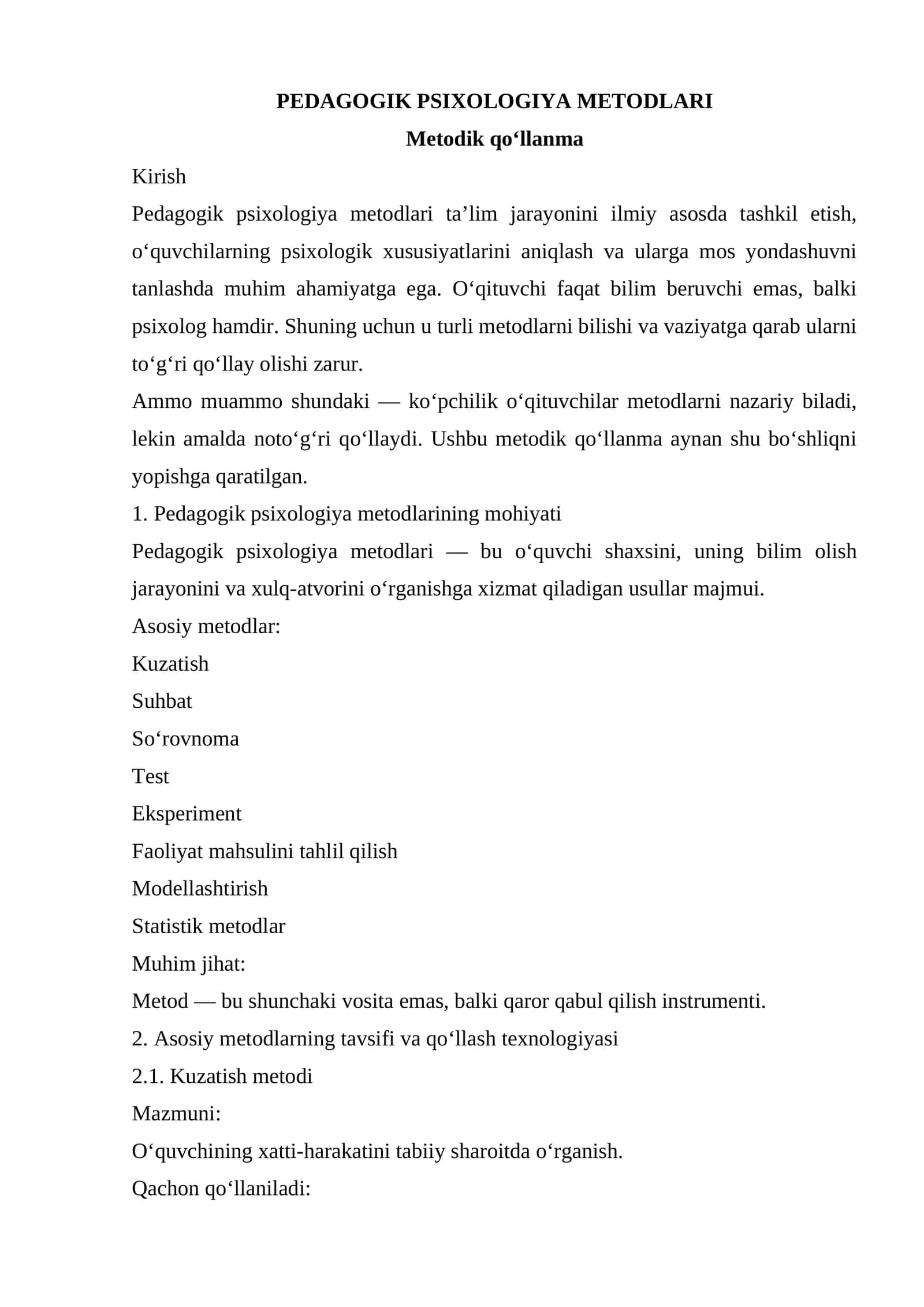 PEDAGOGIK PSIXOLOGIYA METODLARI