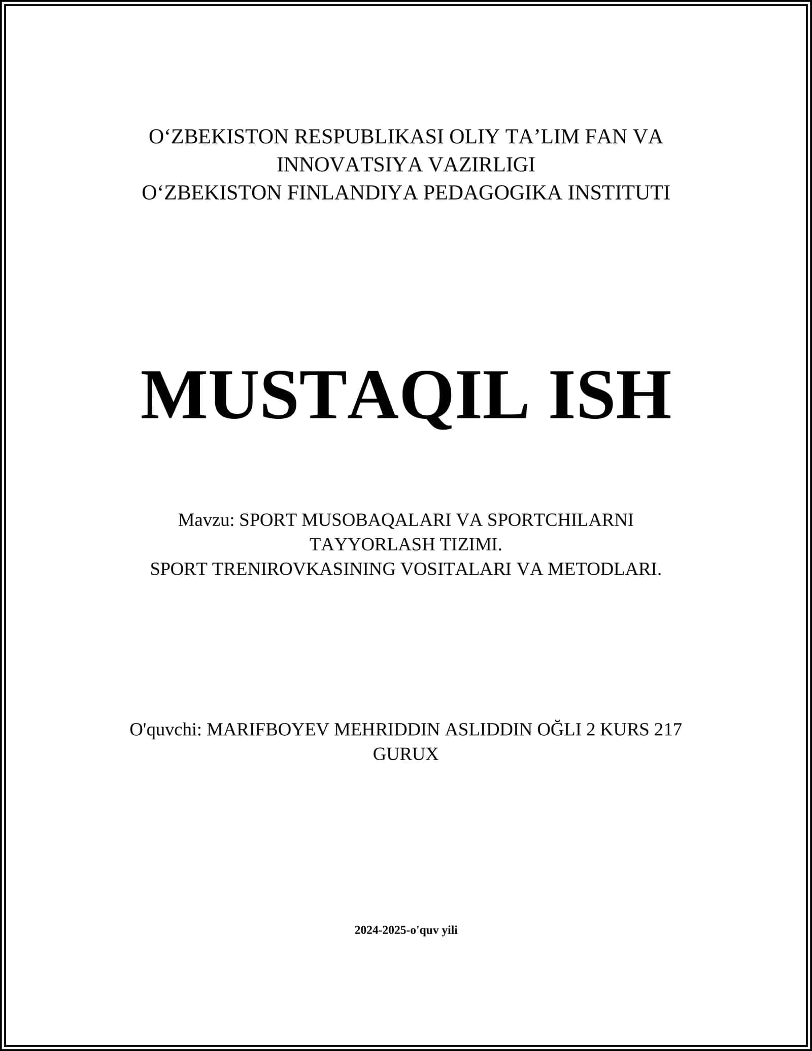 SPORT MUSOBAQALARI VA SPORTCHILARNI TAYYORLASH TIZIMI