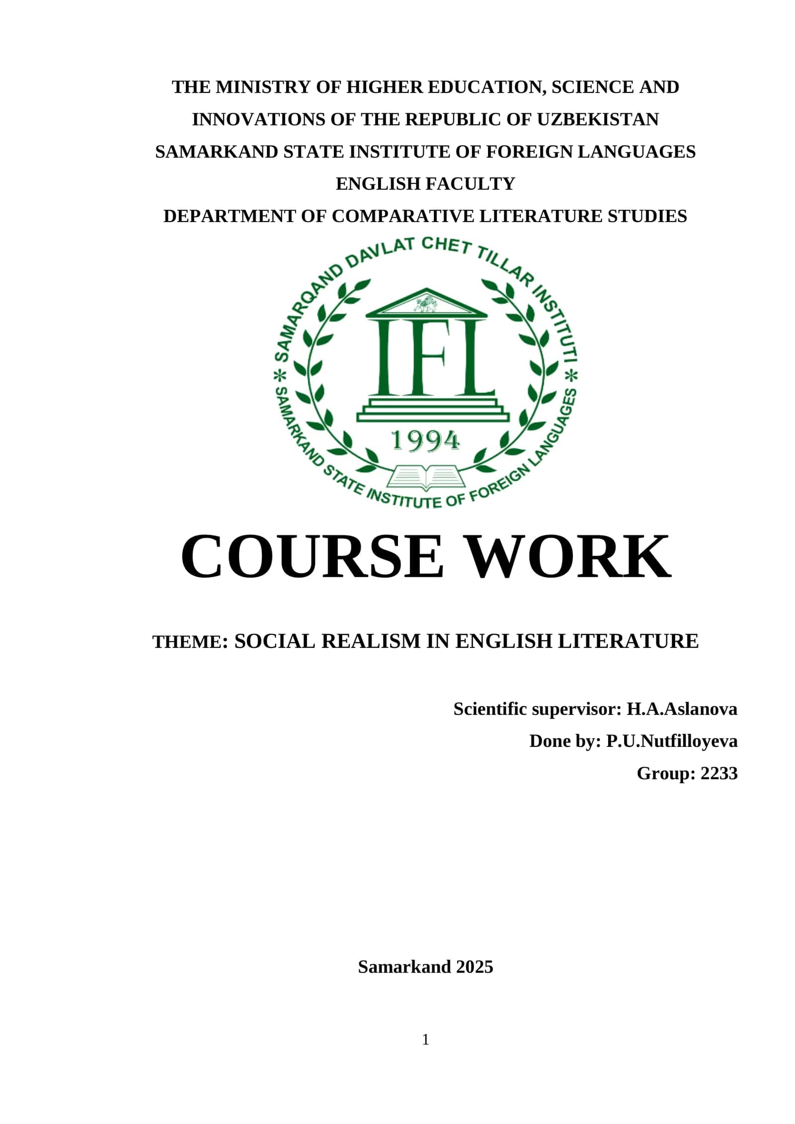 Course Work on Social Realism in English Literature