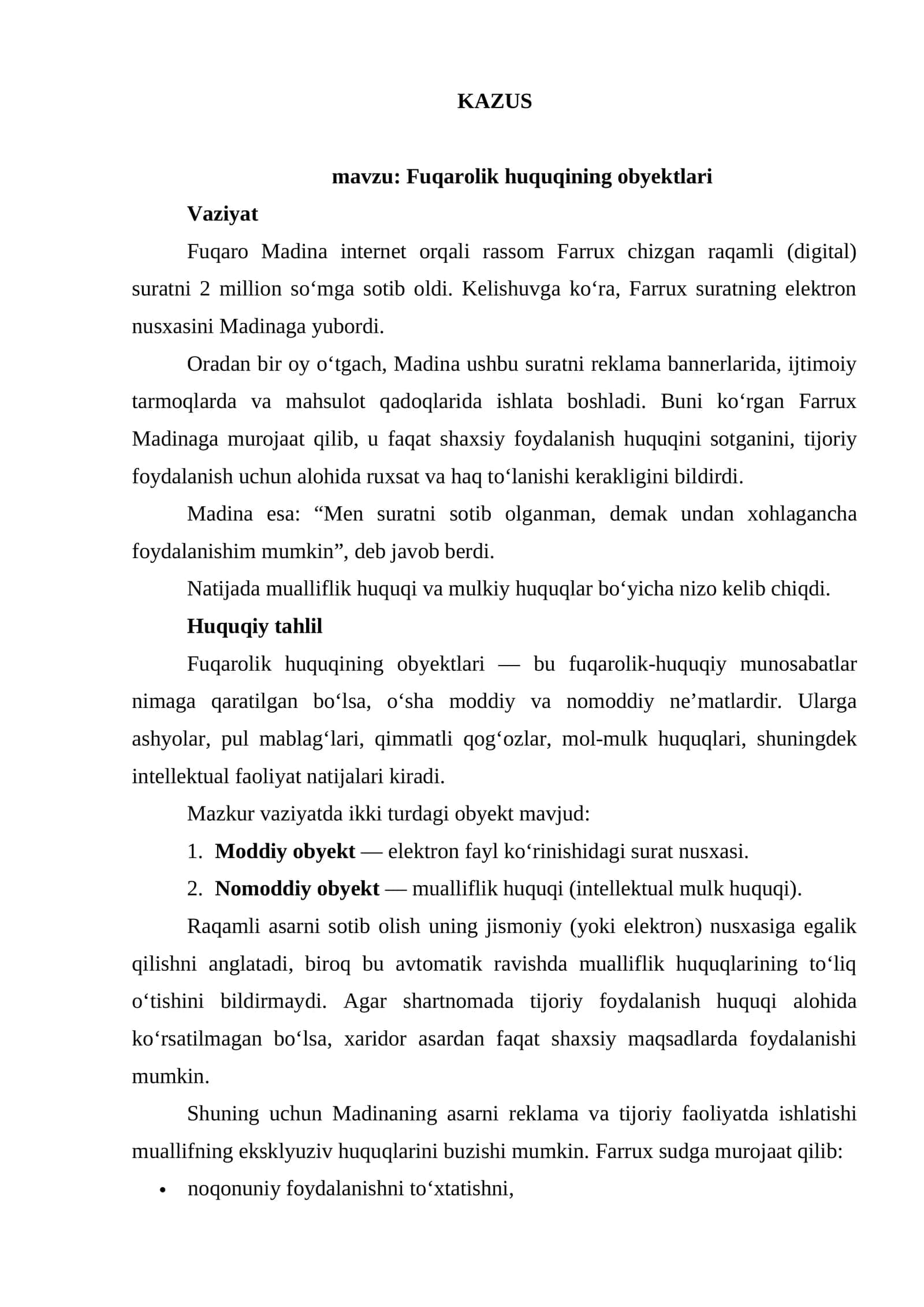 KAZUS Fuqarolik huquqining obyektlari