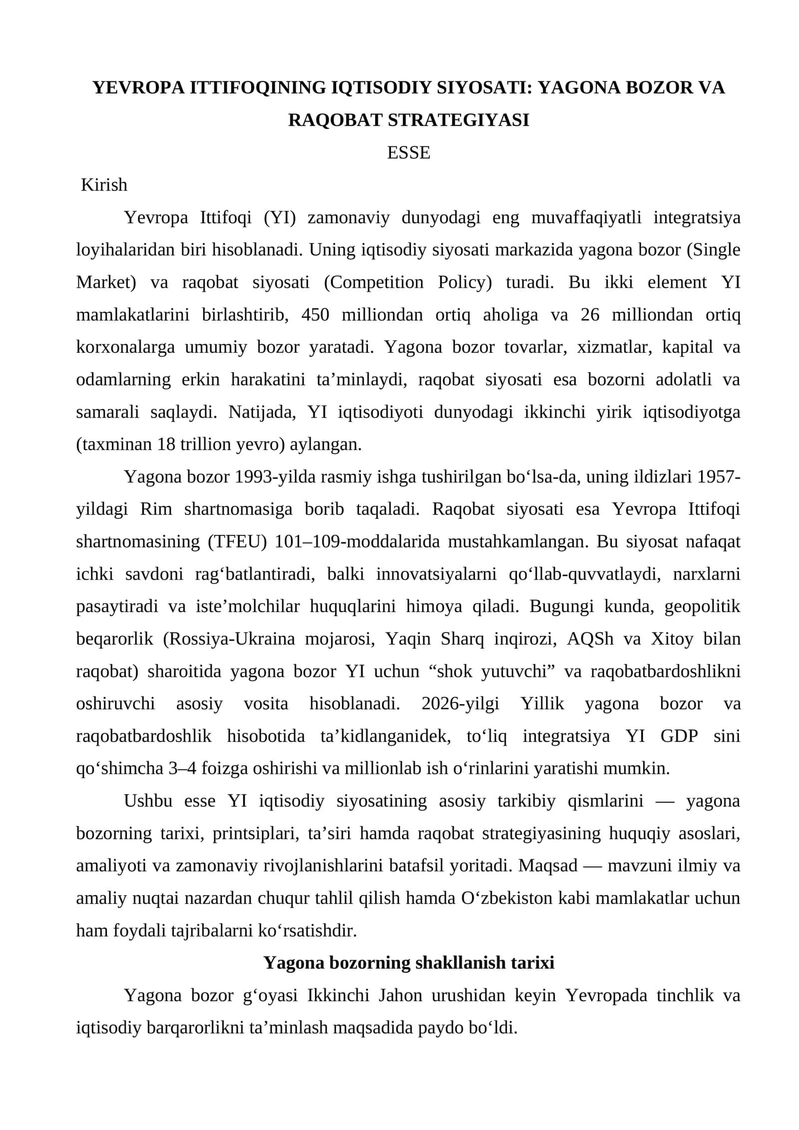 YEVROPA ITTIFOQINING IQTISODIY SIYOSATI: YAGONA BOZOR VA RAQOBAT STRATEGIYASI