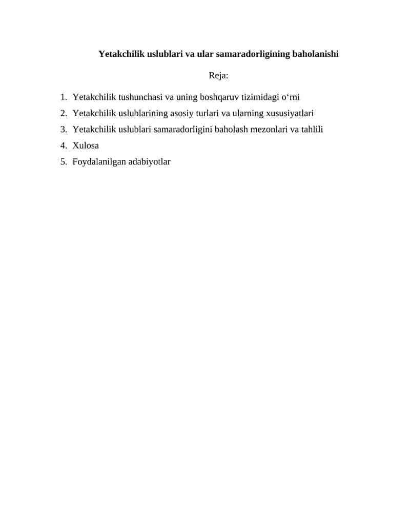 Yetakchilik uslublari va ular samaradorligining baholanishi
