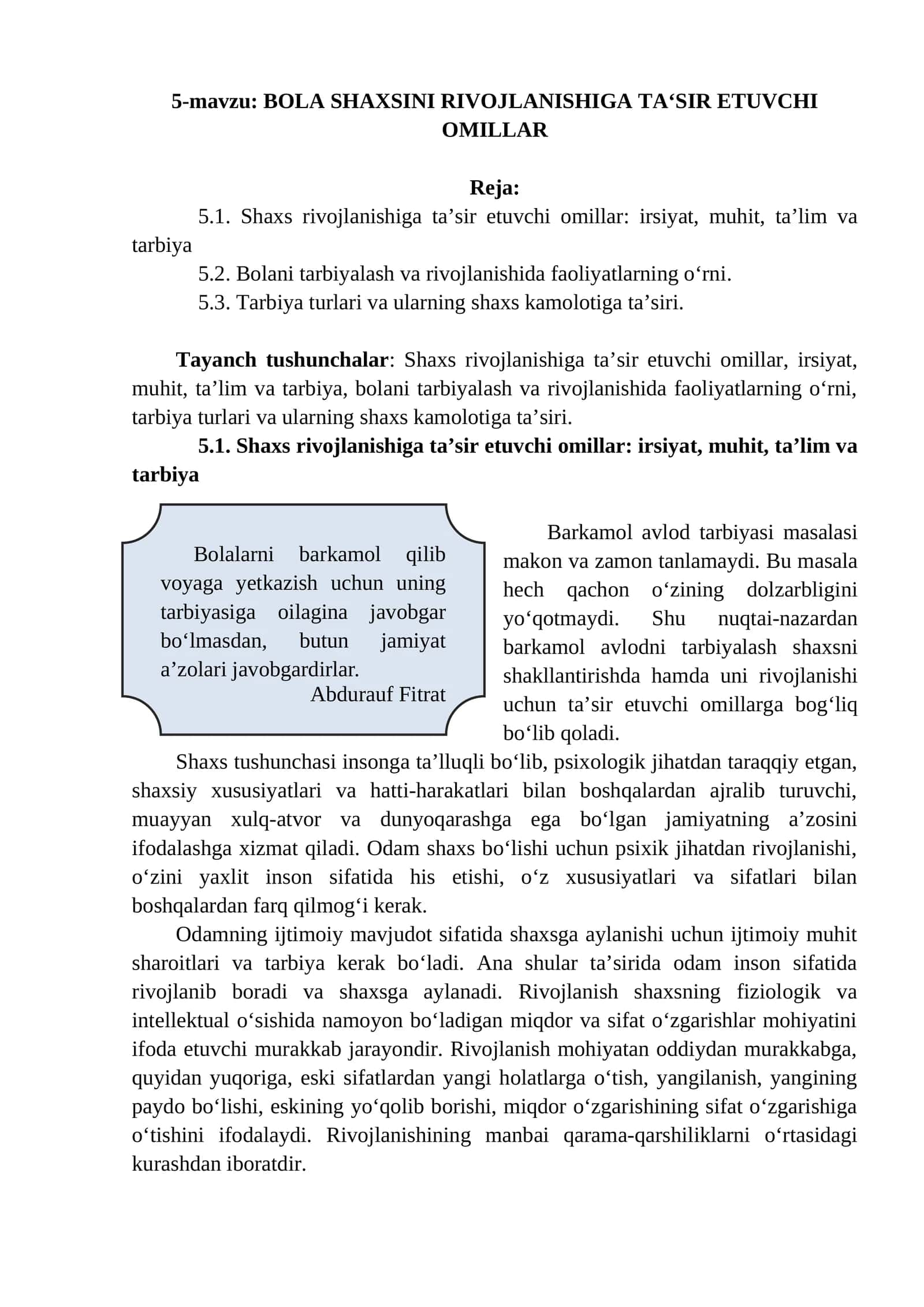 BOLA SHAXSINI RIVOJLANISHIGA TA‘SIR ETUVCHI OMILLAR