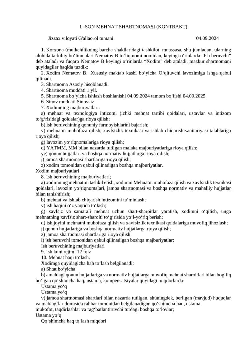 1 -son MEHNAT SHARTNOMASI (KONTRAKT)