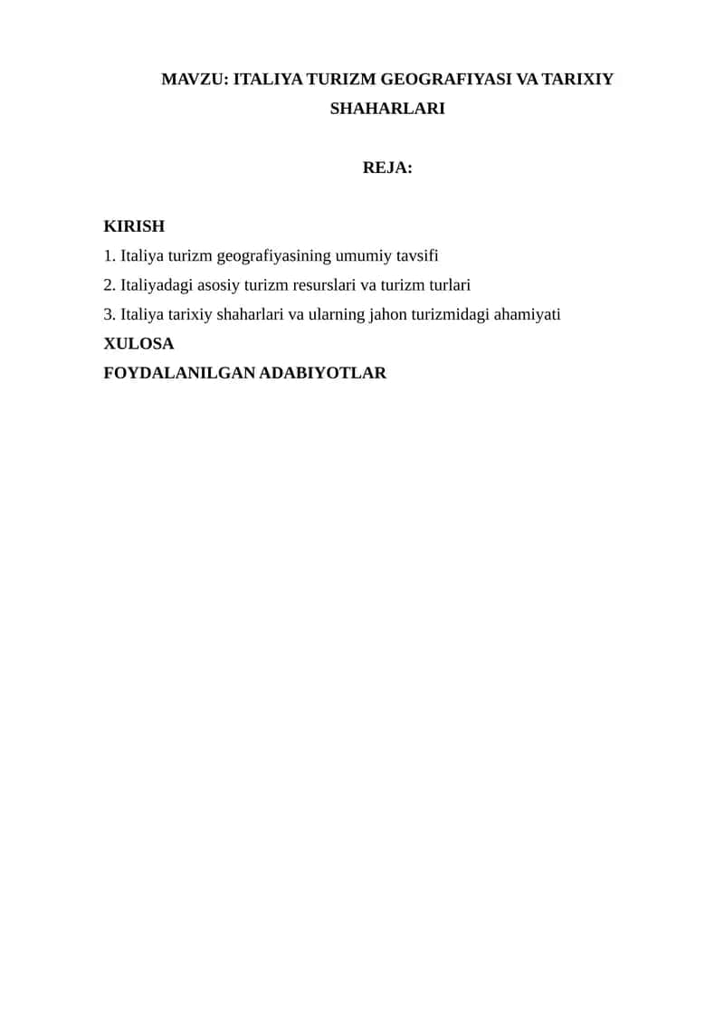 ITALIYA TURIZM GEOGRAFIYASI VA TARIXIY SHAHARLARI