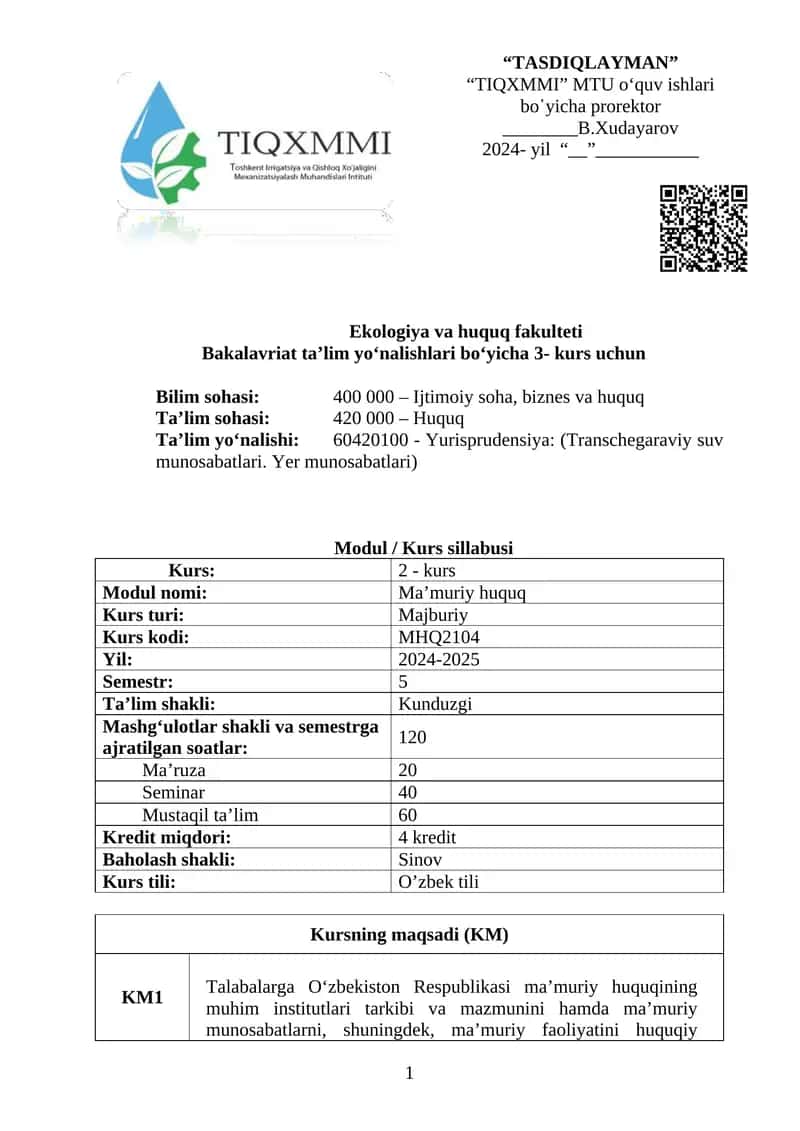 Ekologiya va huquq fakulteti Bakalavriat ta’lim yoʻnalishlari boʻyicha 3- kurs uchun