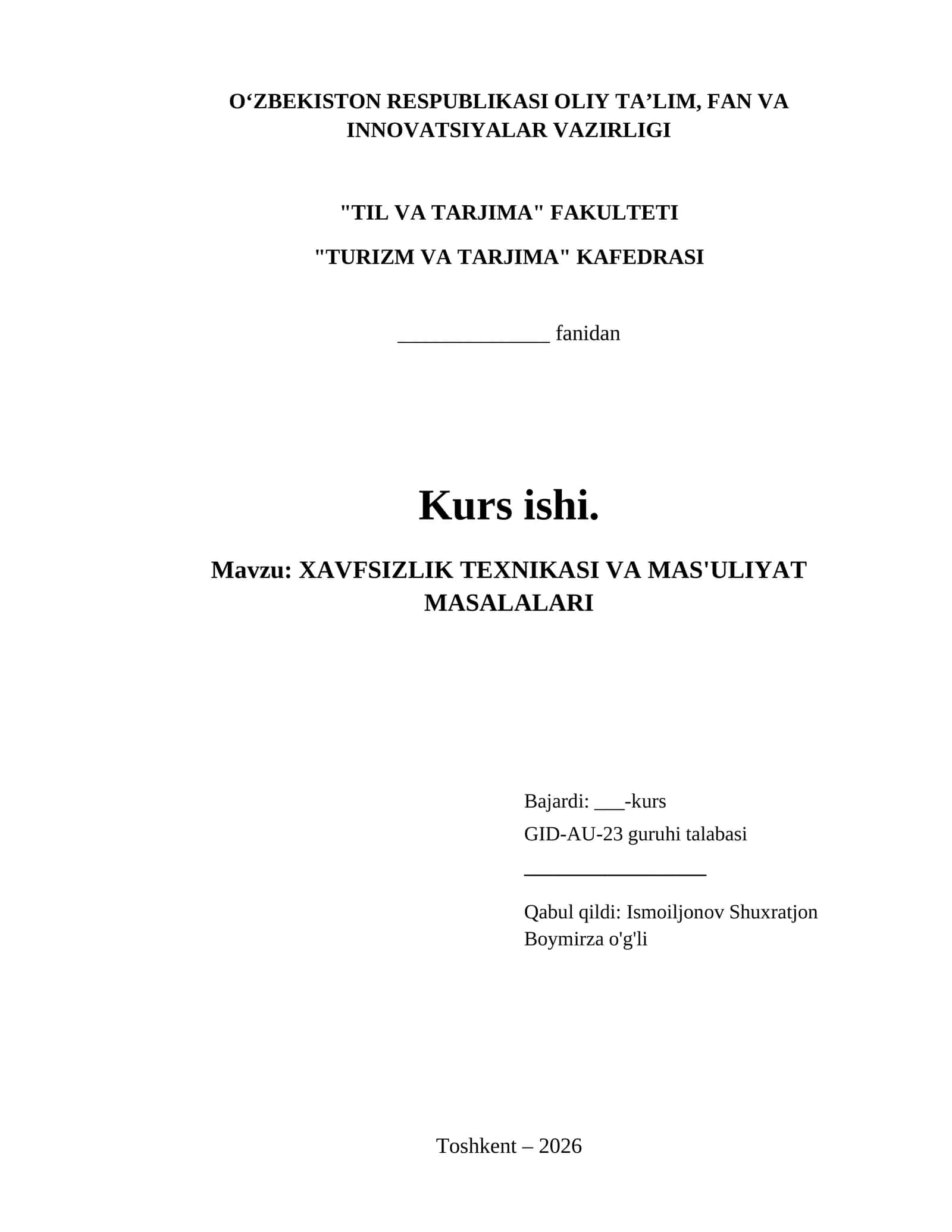 XAVFSIZLIK TEXNIKASI VA MAS'ULIYAT MASALALARI