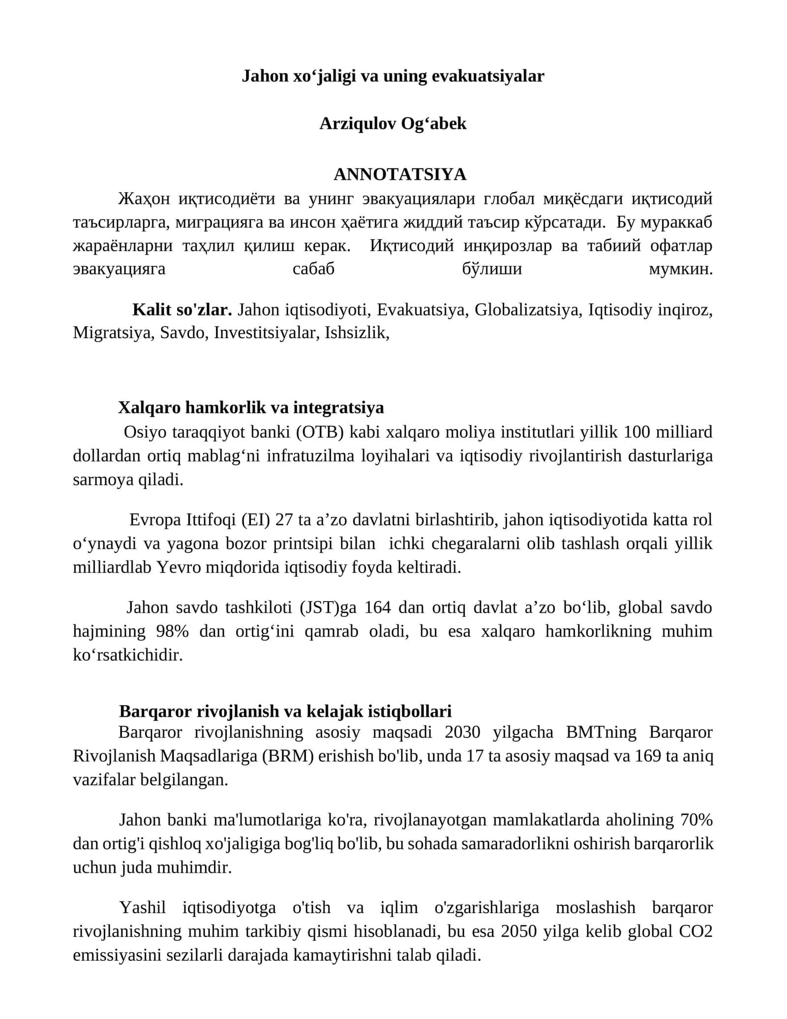 Jahon xoʻjaligi va uning evakuatsiyalar