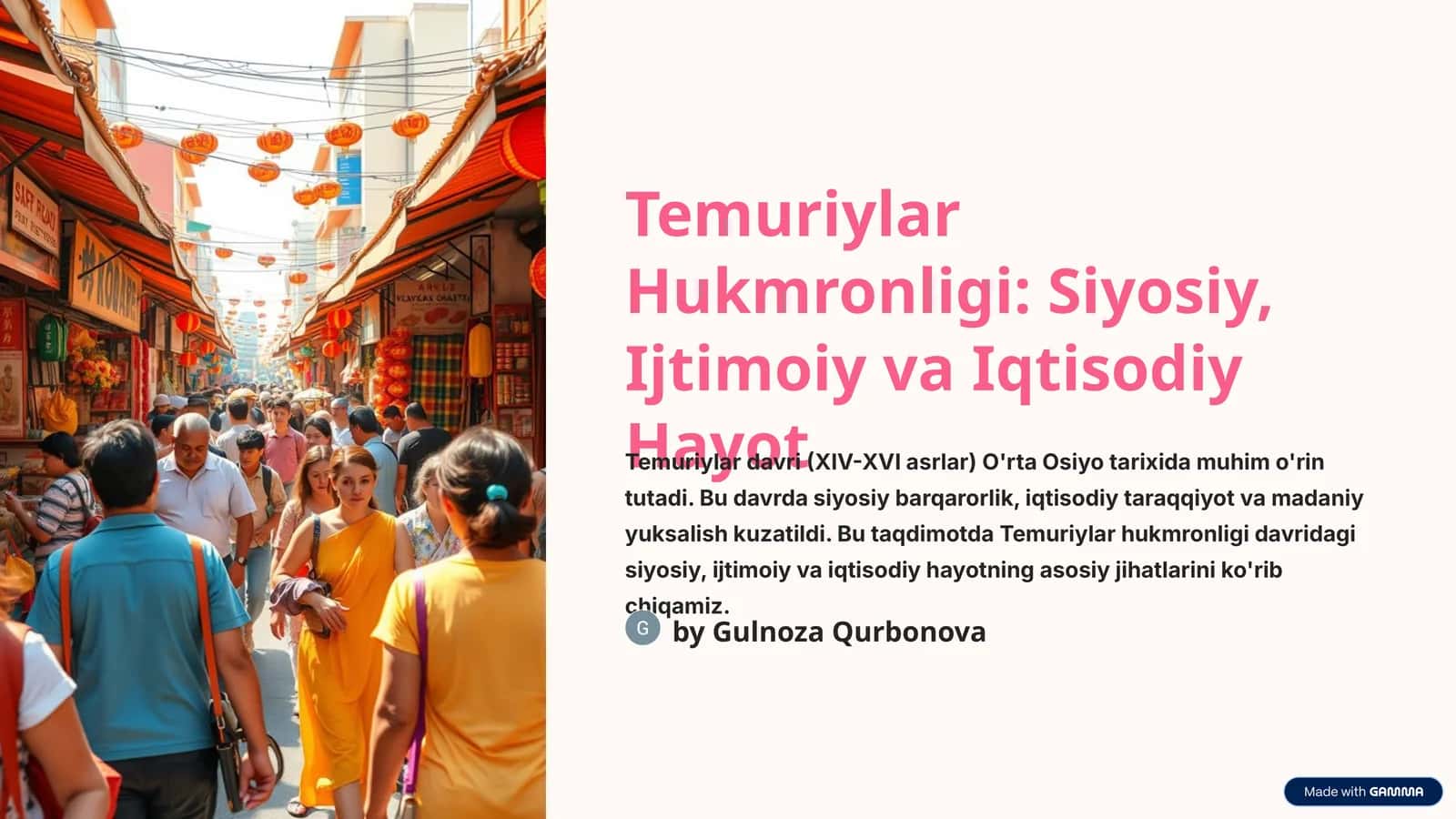 Temuriylar Hukmronligi: Siyosiy, Ijtimoiy va Iqtisodiy Hayot mavzusida tayyor taqdimot