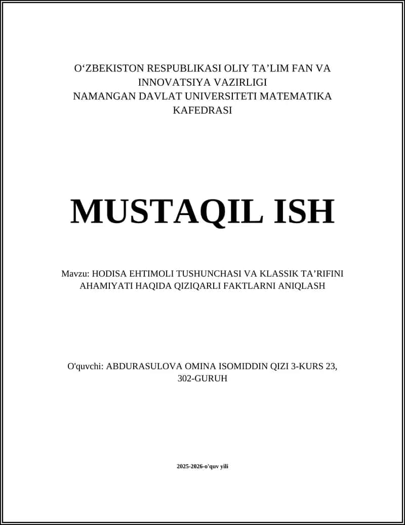 HODISA EHTIMOLI TUSHUNCHASI VA KLASSIK TA’RIFINI AHAMIYATI HAQIDA QIZIQARLI FAKTLARNI ANIQLASH