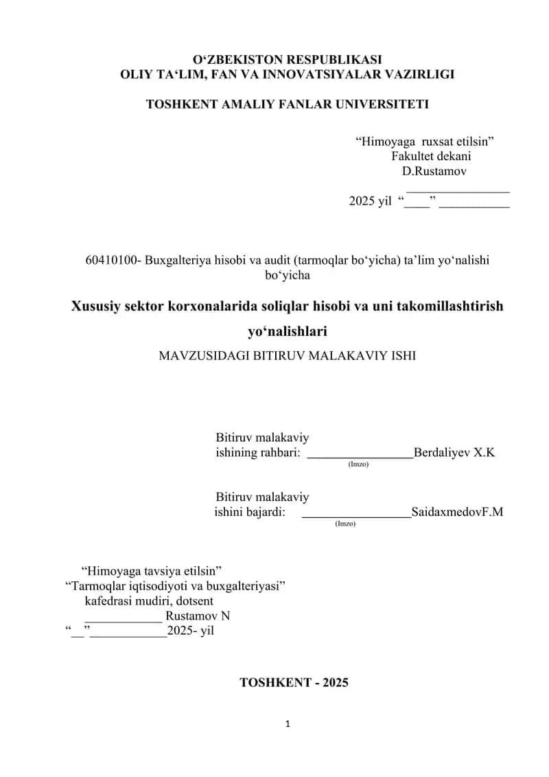 Xususiy sektor korxonalarida soliqlar hisobi va uni takomillashtirish yo‘nalishlari