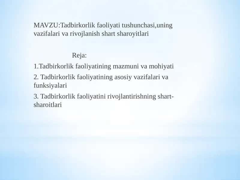 Tadbirkorlik faoliyati tushunchasi