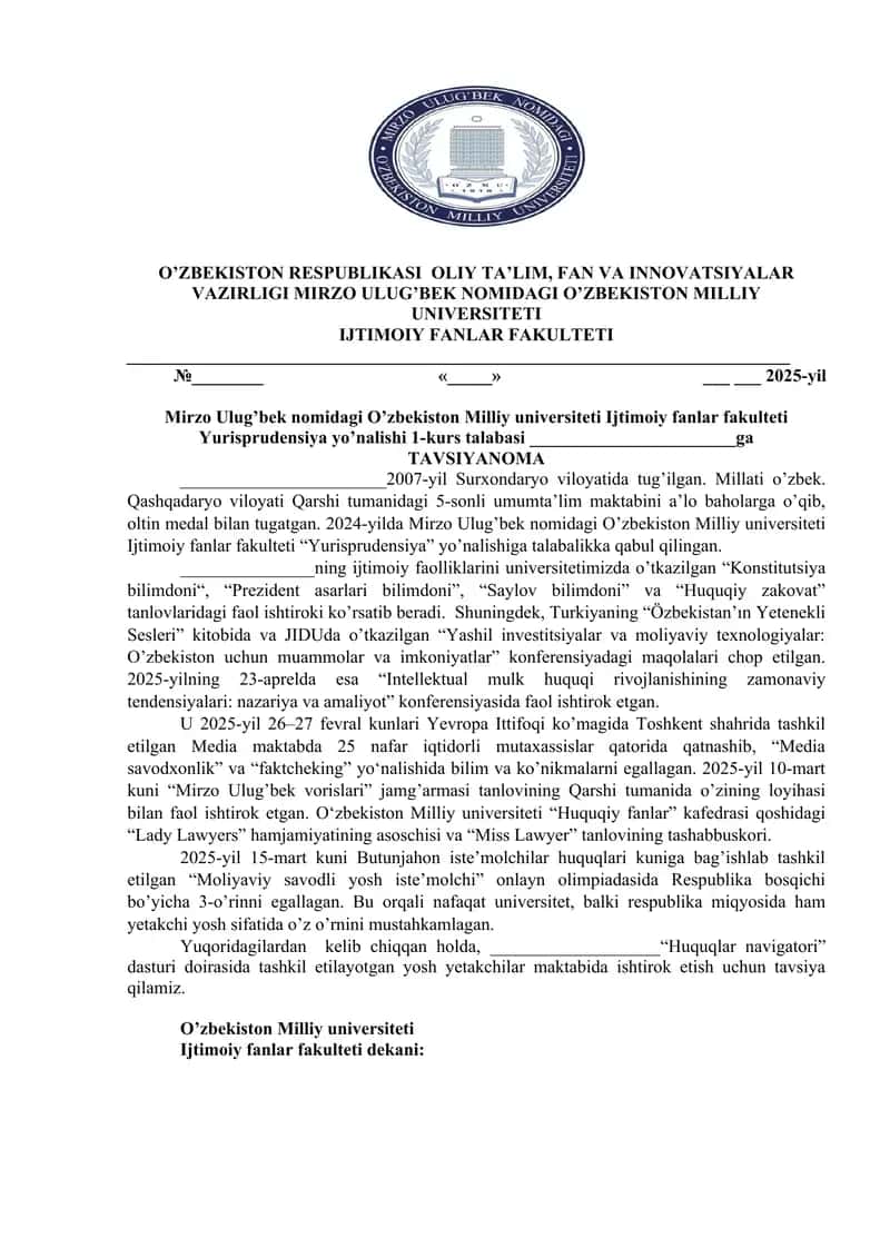 Yurisprudensiya yo’nalishi 1-kurs talabasi