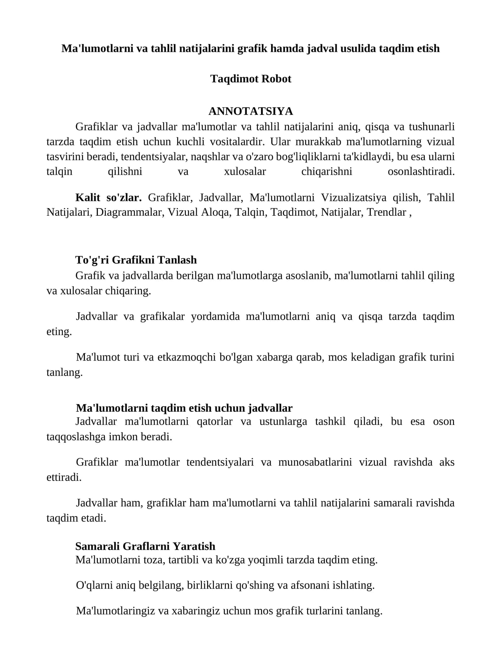 Grafiklar va Jadvallar Ma'lumotlarni Vizualizatsiya qilish