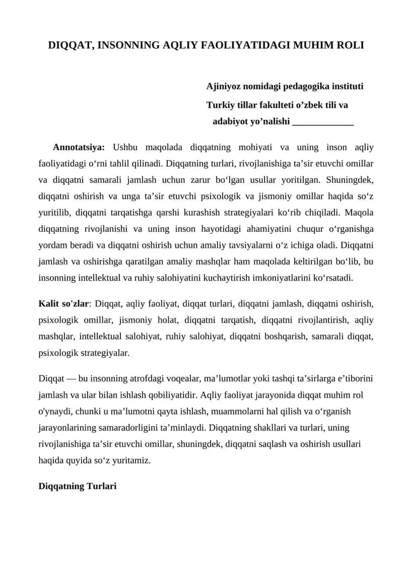 Diqqatning Aqliy Faoliyatidagi Muhim Roli