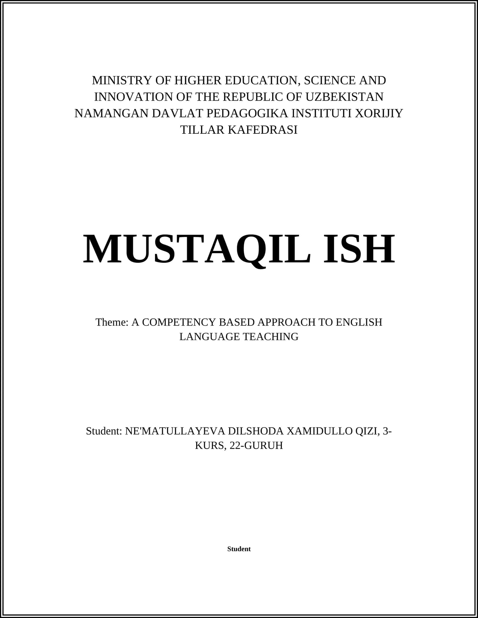 MUSTAQIL ISH: A COMPETENCY BASED APPROACH TO ENGLISH LANGUAGE TEACHING