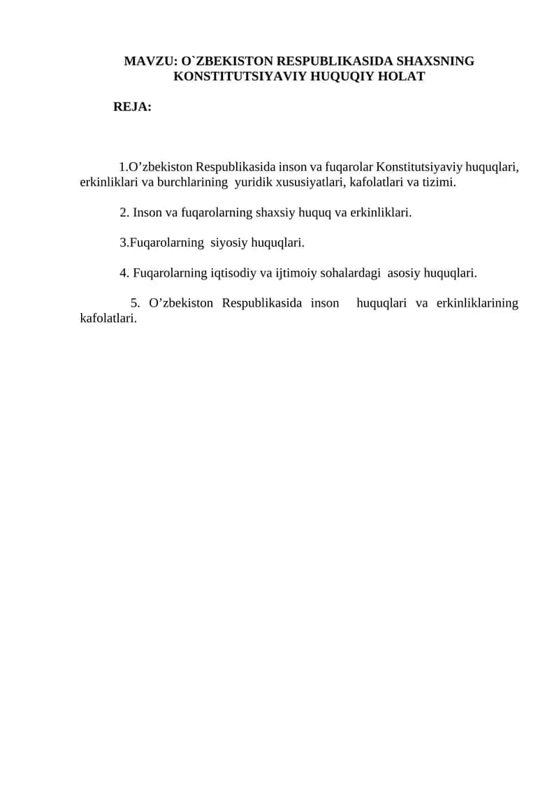 O`zbekiston Respublikasida Shaxsning Konstitutsiyaviy Huquqiy Holat