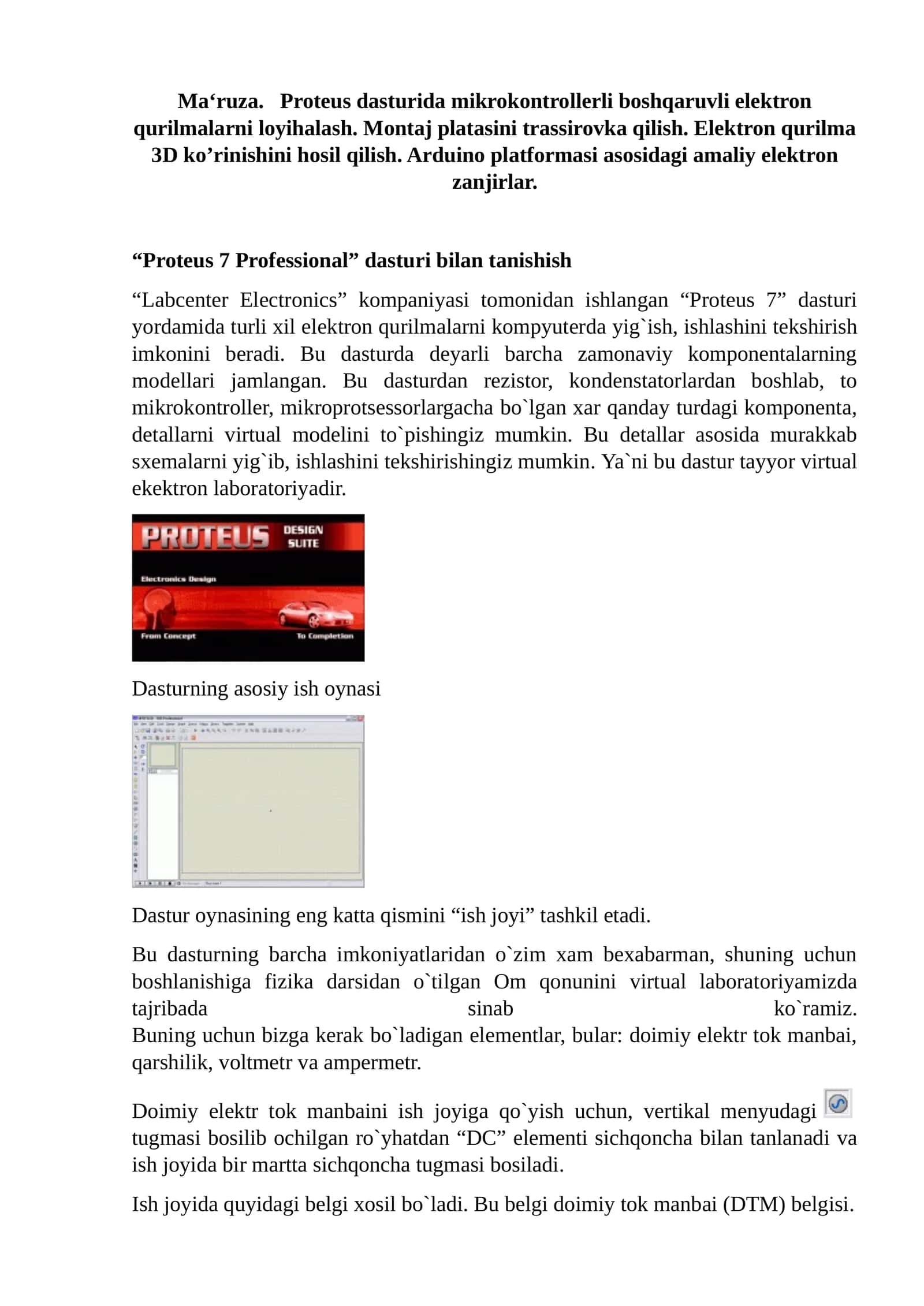 Proteus dasturida mikrokontrollerli boshqaruvli elektron qurilmalarni loyihalash