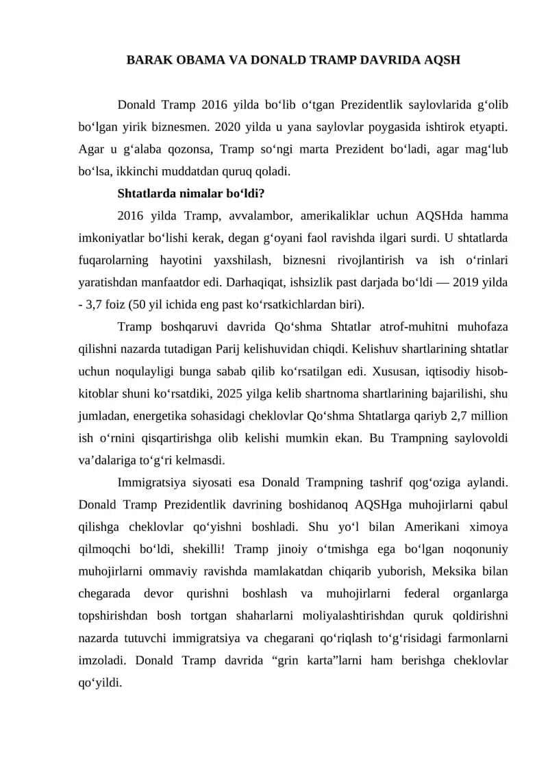 BARAK OBAMA VA DONALD TRAMP DAVRIDA AQSH