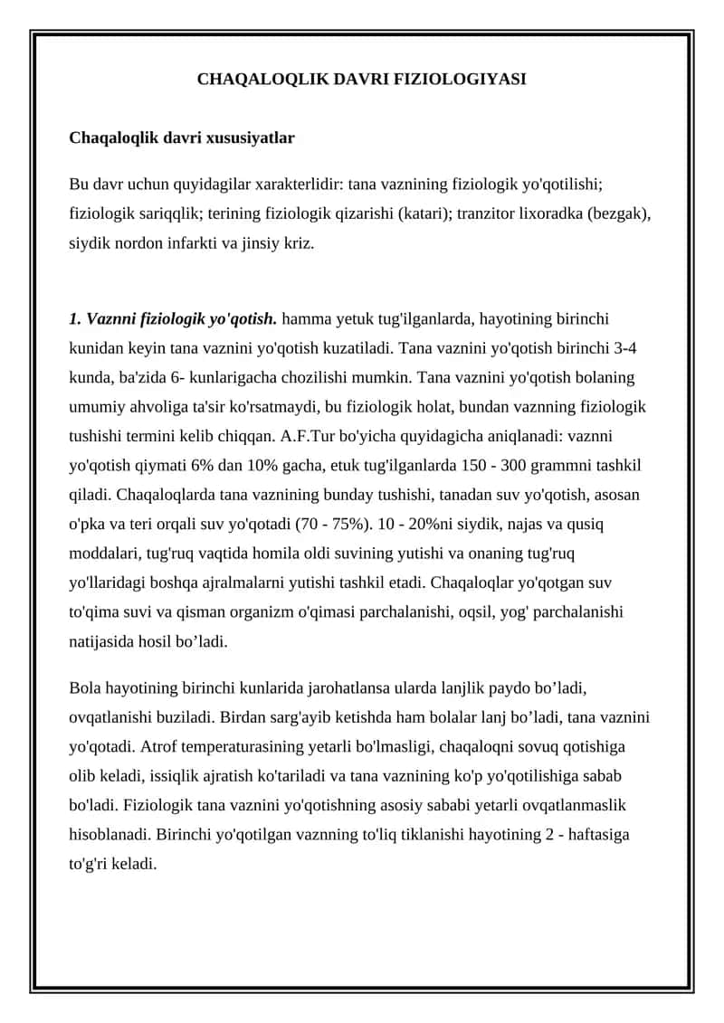 CHAQALOQLIK DAVRI FIZIOLOGIYASI