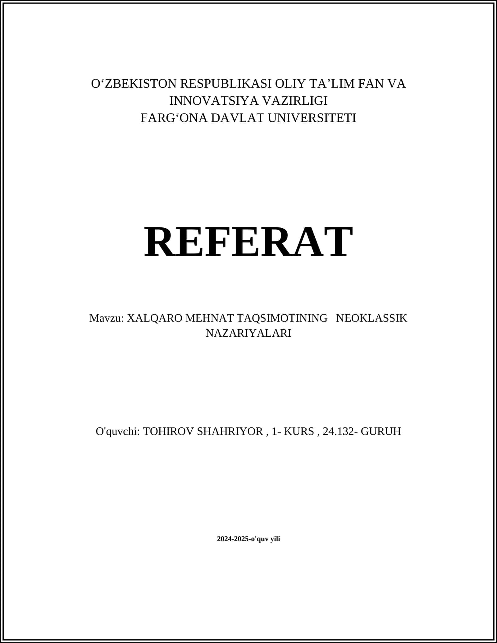XALQARO MEHNAT TAQSIMOTINING NEOKLASSIK NAZARIYALARI