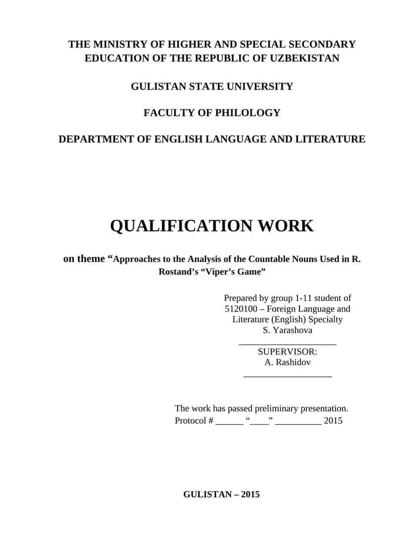 Qualification Work on Approaches to the Analysis of Countable Nouns in R. Rostand's "Viper's Game"