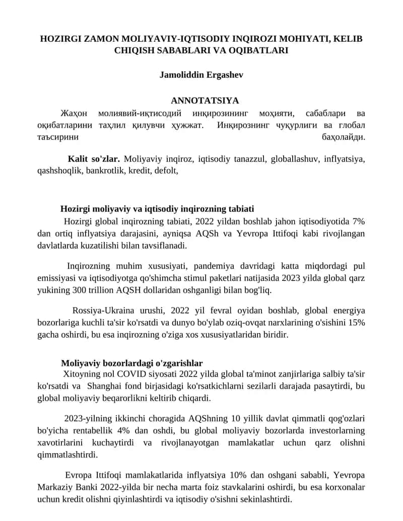 Hozirgi zamoni moliyaviy-iqtisodiy inqirozi mohiyati, kelib chiqish sabablari va oqibatlari