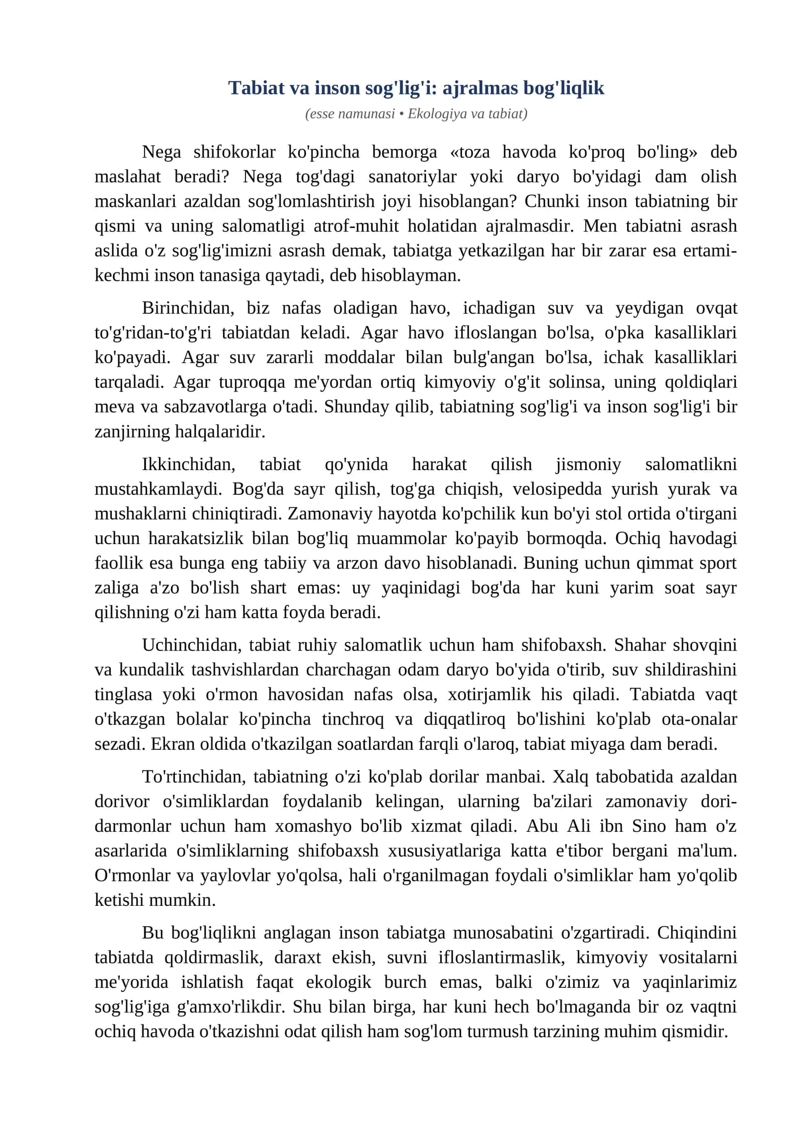 Esse Tabiat va inson sogligi ajralmas bogliqlik