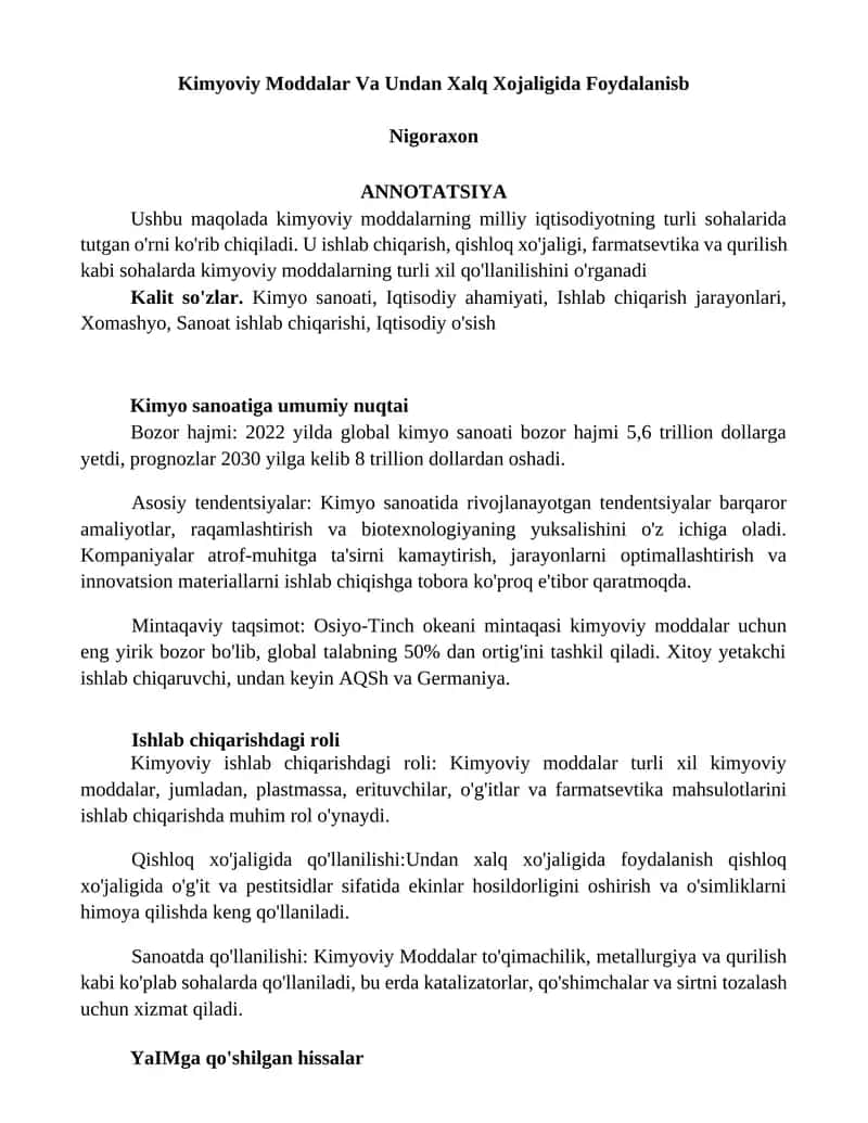 Kimyoviy Moddalar Va Undan Xalq Xojaligida Foydalanisb Nigoraxon