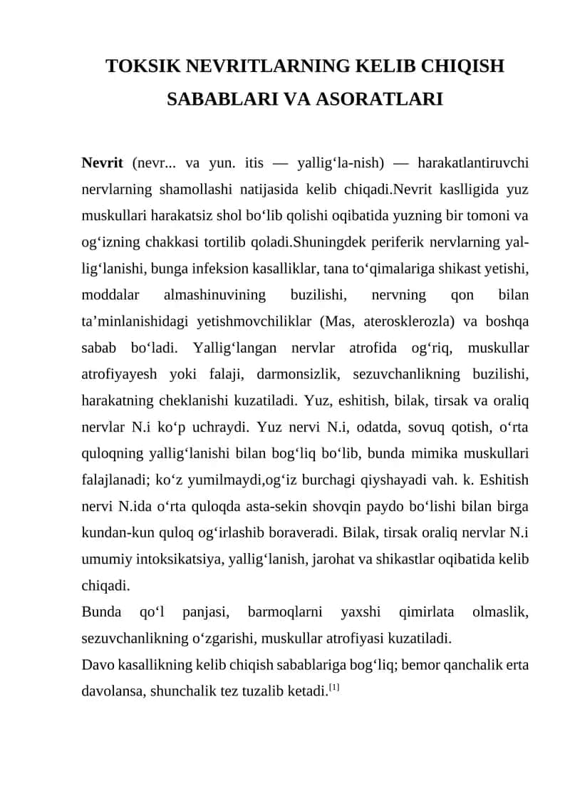 TOKSIK NEVRITLARNING KELIB CHIQISH SABABLARI VA ASORATLARI