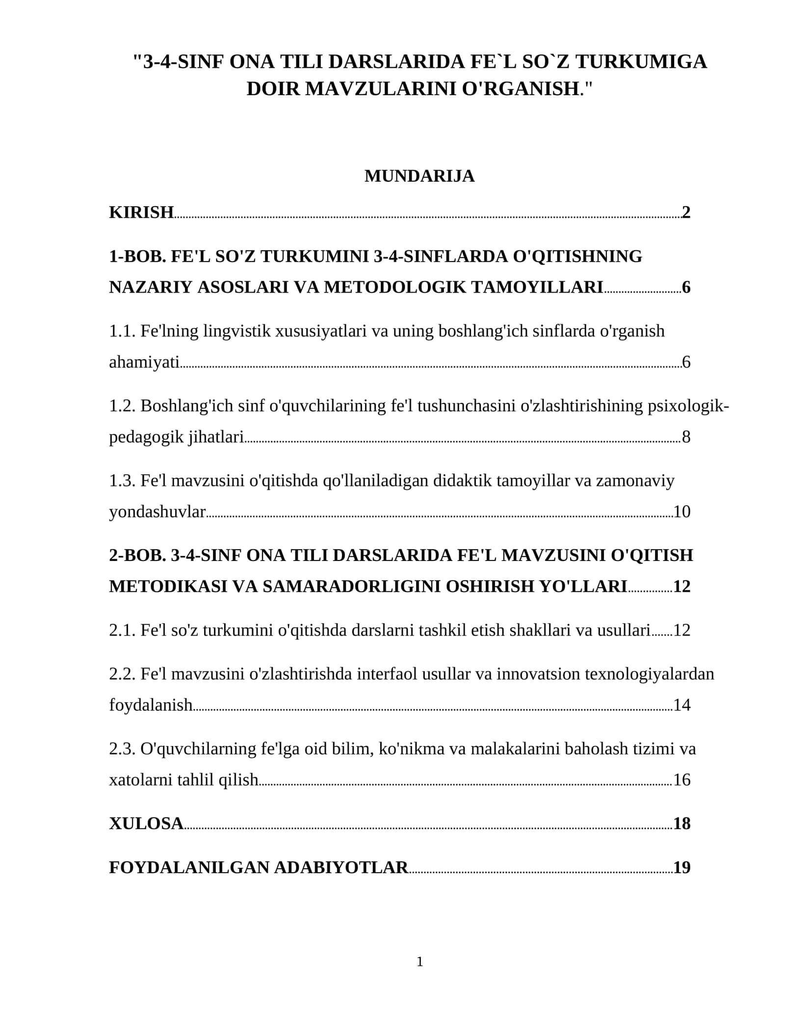 3-4-SINF ONA TILI DARSLARIDA FE`L SO`Z TURKUMIGA DOIR MAVZULARINI O'RGANISH