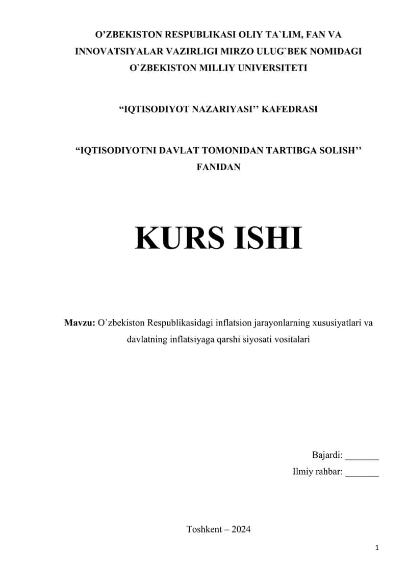 Mavzu: O`zbekiston Respublikasidagi inflatsion jarayonlarning xususiyatlari va davlatning inflatsiyaga qarshi siyosati vositalari