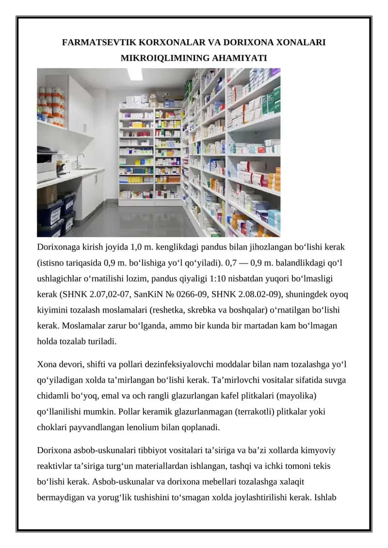 FARMATSEVTIK KORXONALAR VA DORIXONA XONALARI MIKROIQLIMINING AHAMIYATI