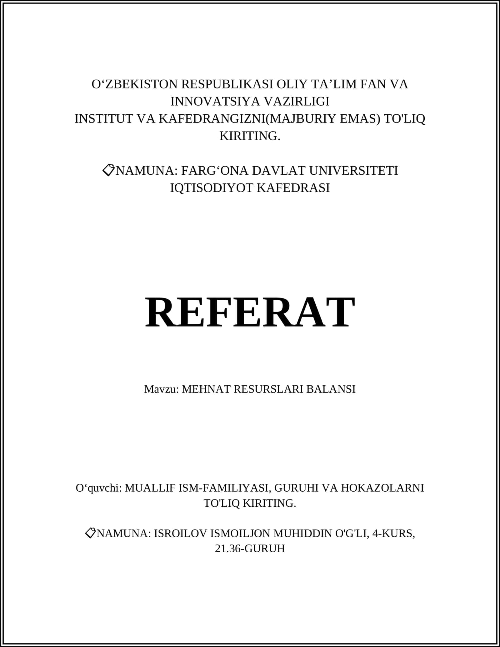 REFERAT: MEHNAT RESURSLARI BALANSI