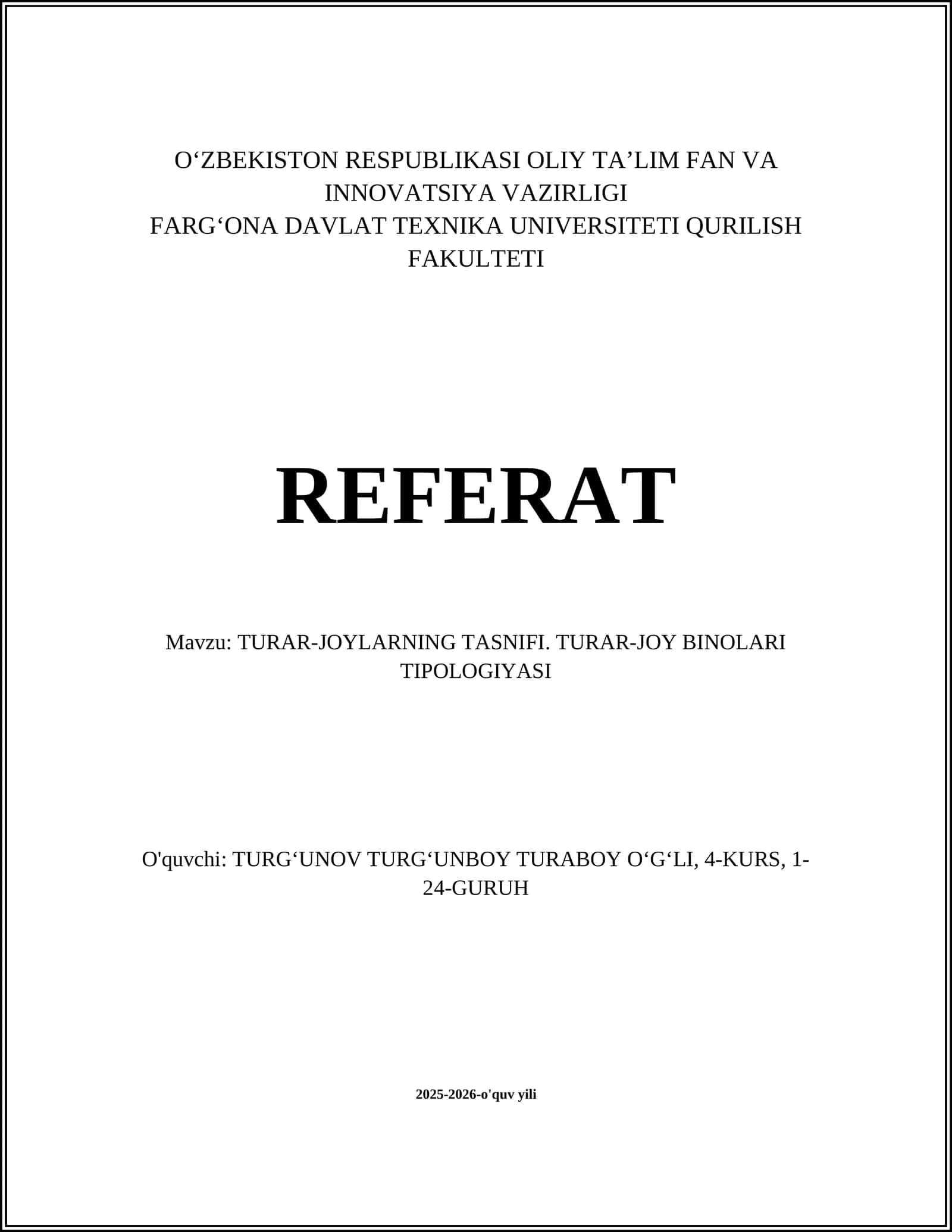 TURAR-JOYLARNING TASNIFI. TURAR-JOY BINOLARI TIPOLOGIYASI