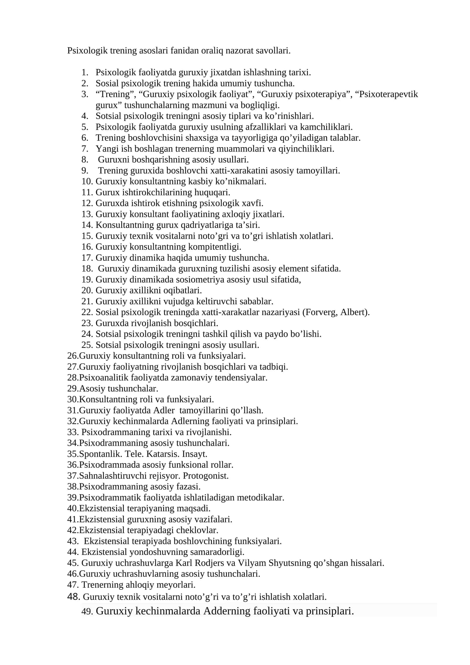 Psixologik trening asoslari fanidan oraliq nazorat savollari
