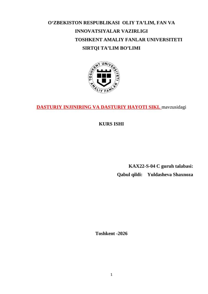 DASTURIY INJINIRING VA DASTURIY HAYOTI SIKL