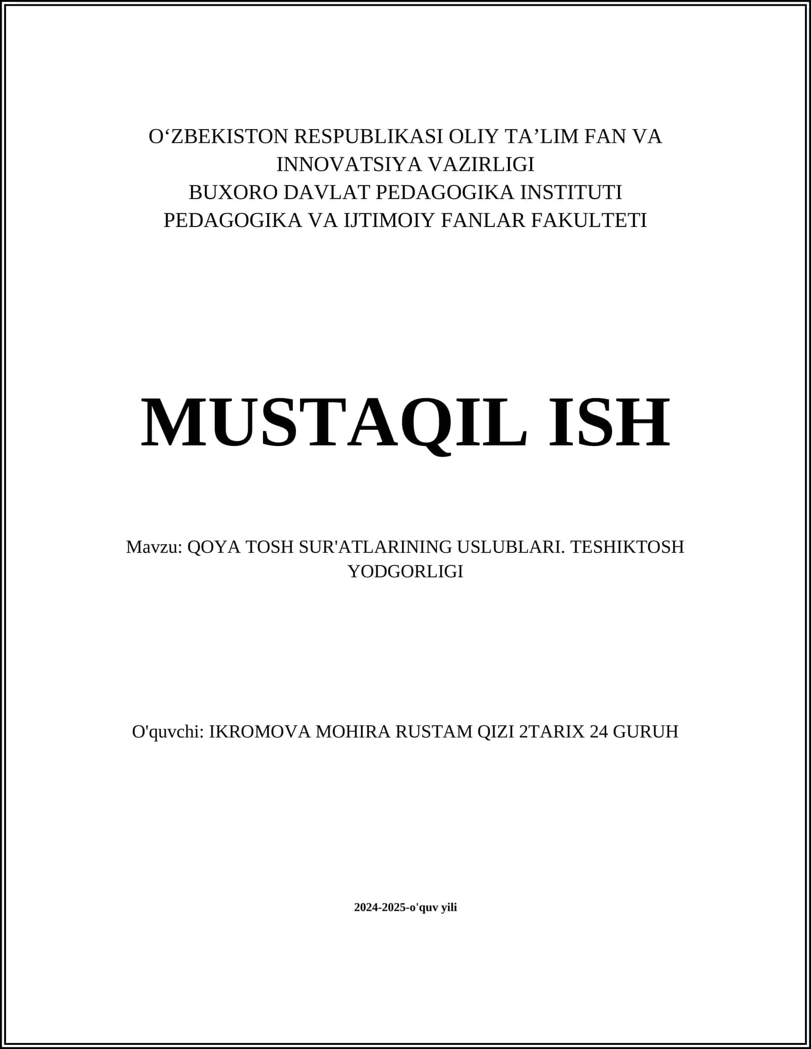 QOYA TOSH SUR'ATLARINING USLUBLARI. TESHIKTOSH YODGORLIGI