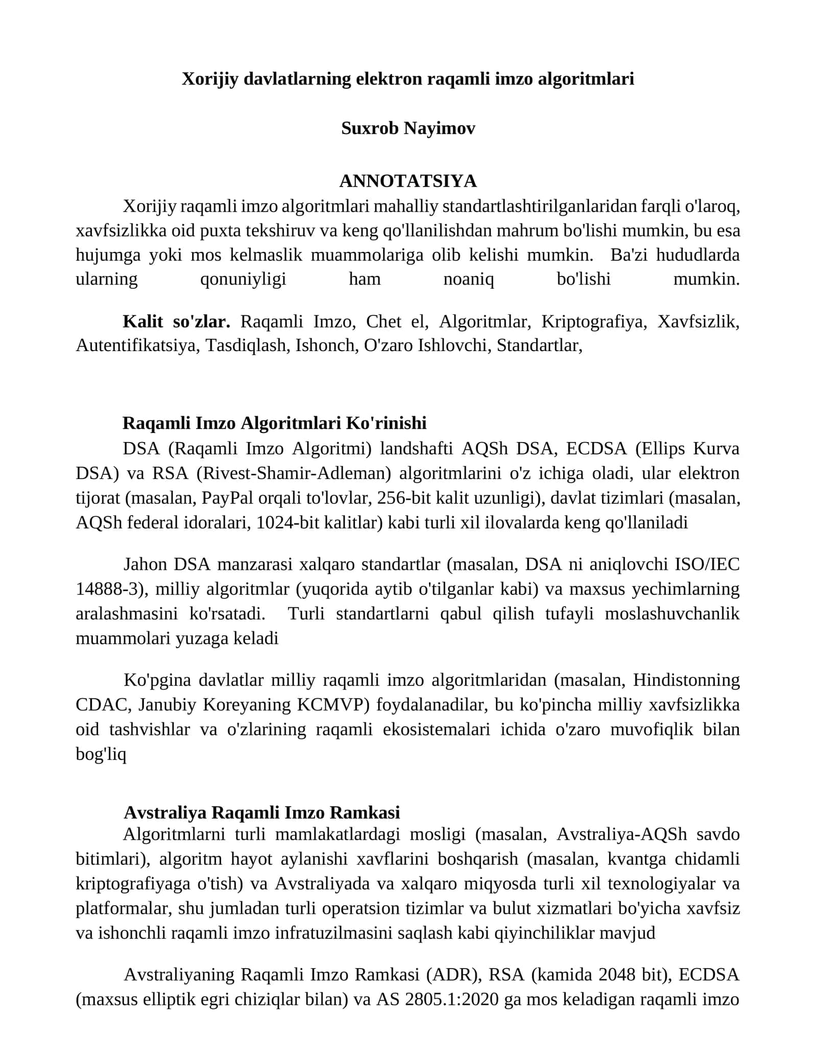 Xorijiy davlatlarning elektron raqamli imzo algoritmlari