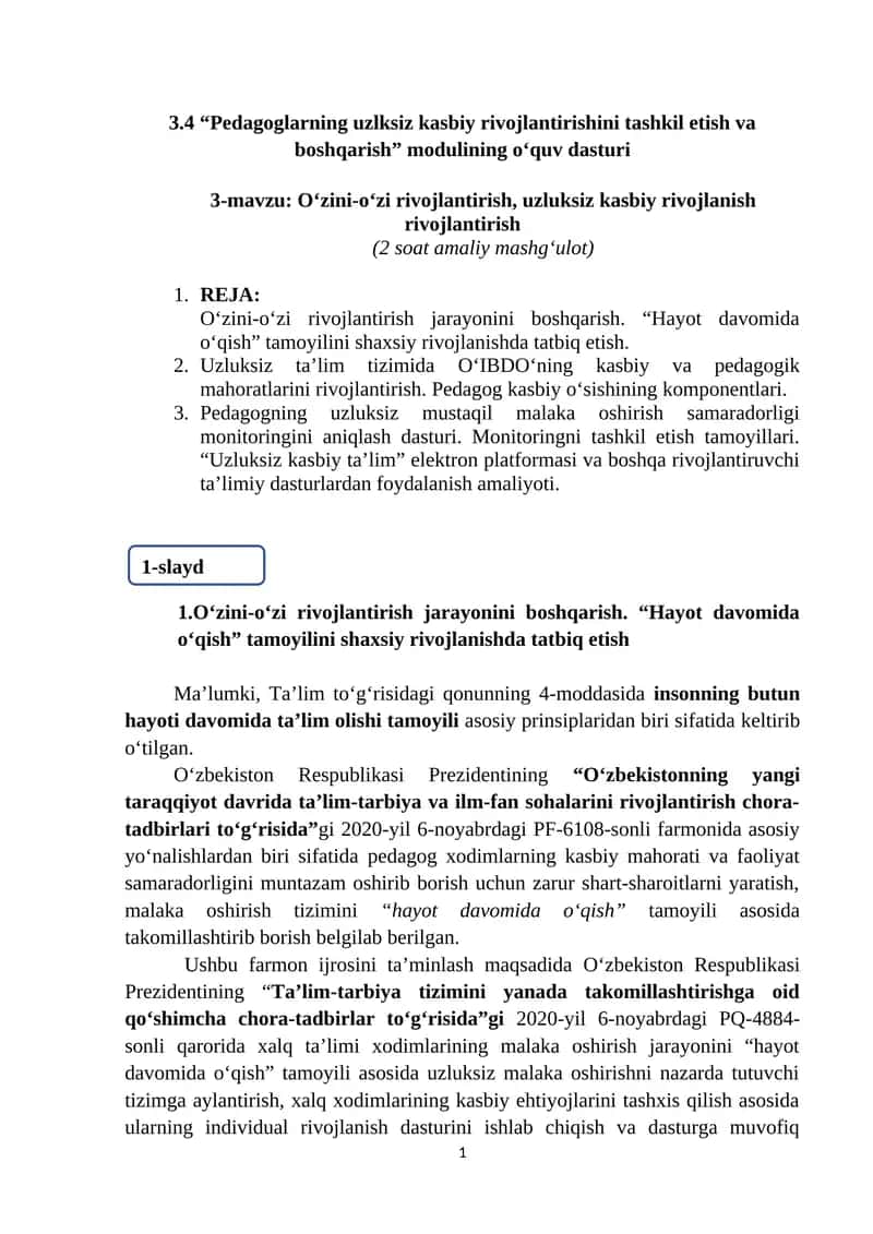 O‘zini-o‘zi rivojlantirish, uzluksiz kasbiy rivojlanish rivojlantirish