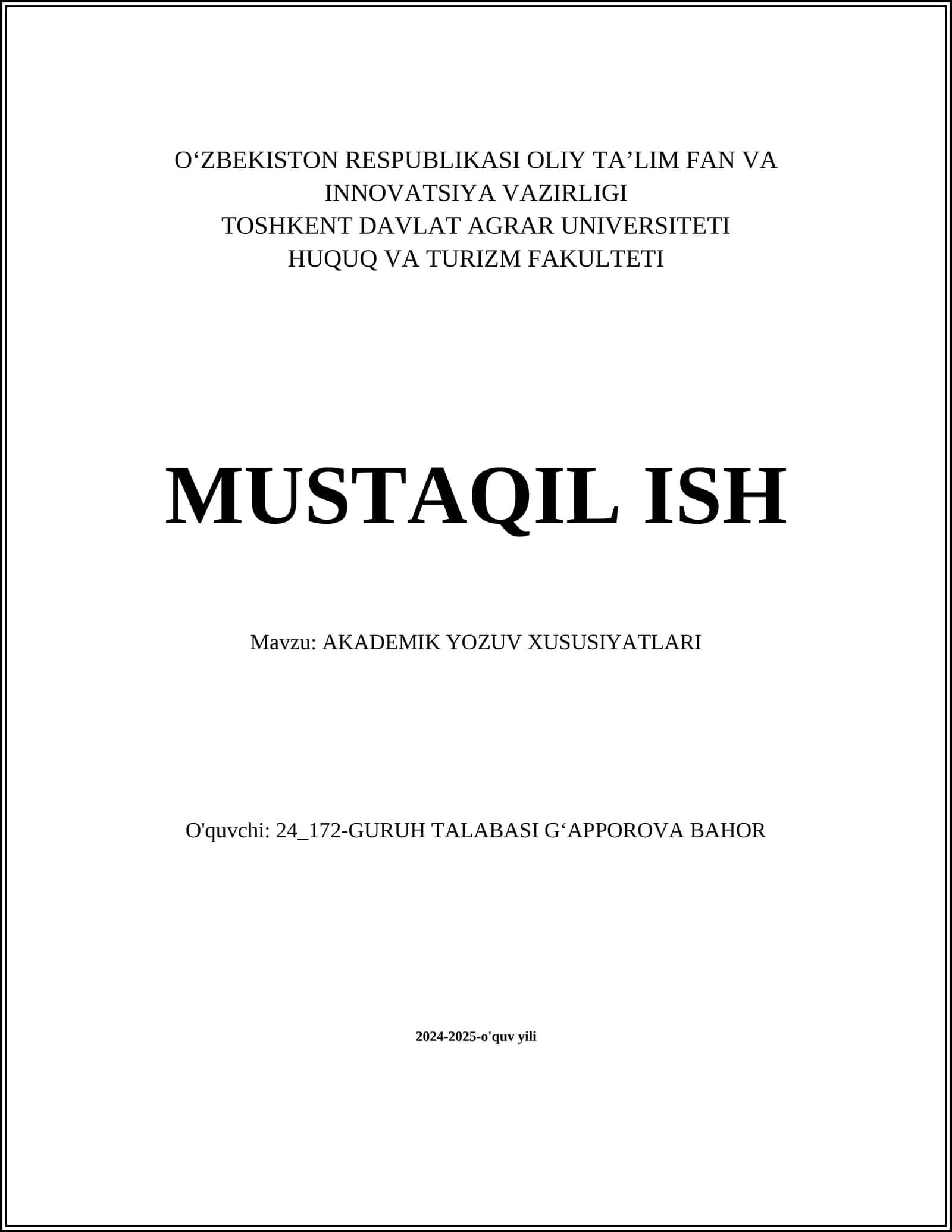 AKADEMIK YOZUV XUSUSIYATLARI