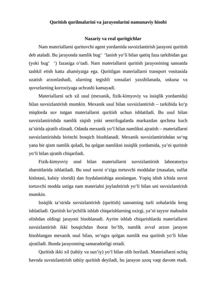 Nam materiallarni quritish jarayoni