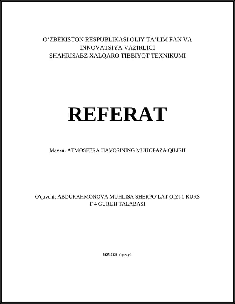 ATMOSFERA HAVOSINING MUHOFAZA QILISH