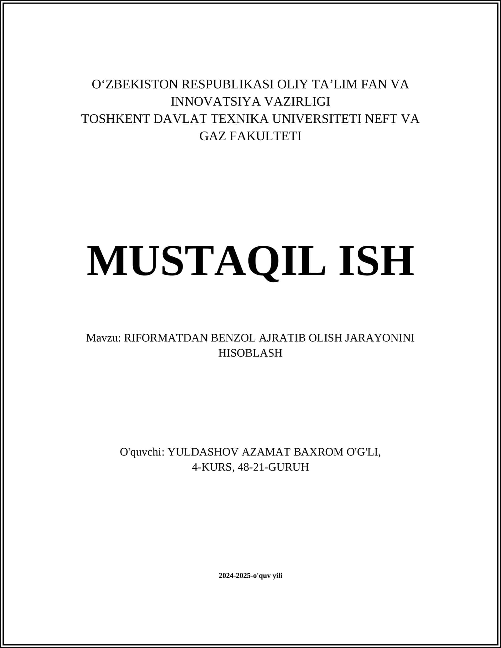RIFORMATDAN BENZOL AJRATIB OLISH JARAYONINI HISOBLASH