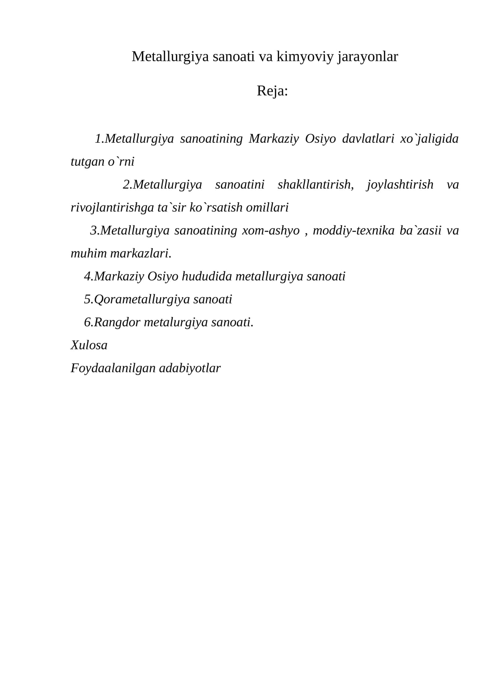 Metallurgiya sanoati va kimyoviy jarayonlar