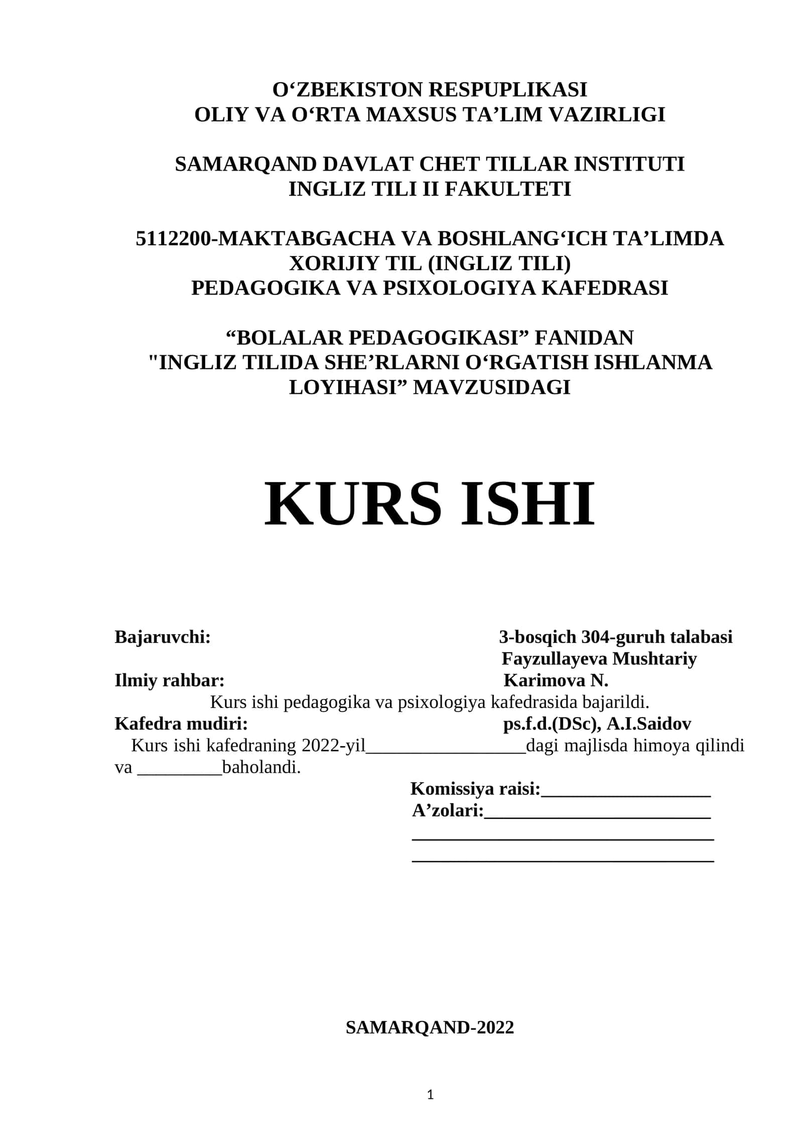 INGLIZ TILIDA SHE’RLARNI O‘RGATISH ISHLANMA LOYIHASI